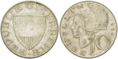 Австрия 10 шиллингов 1958 KM 2882 серебро 4403-935