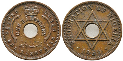 Нигерия 1/2 пенни 1959 Елизавета II (1952-), Британский протекторат KM 1 бронза 4387-414