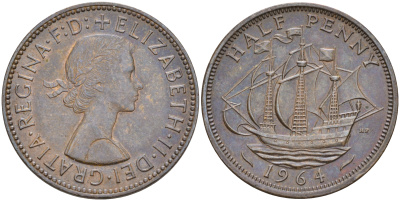 Великобритания 1/2 пенни 1964 Елизавета II (1952-2022) KM 896, Spink 4158 бронза 63-1356