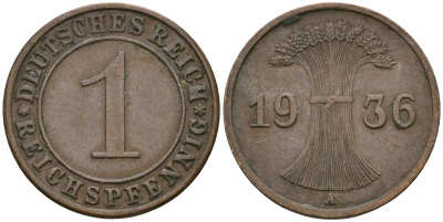 Германия 1 рейхспфенниг 1936 A KM 37, J. 313 бронза 4528-1061