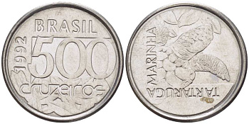 Бразилия 500 крузейро 1992 морская черепаха KM 624 нержавеющая сталь 4396-566