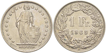ШВЕЙЦАРИЯ 1 ФРАНК 1969 В KM 24а.1 медно-никель 210-1031