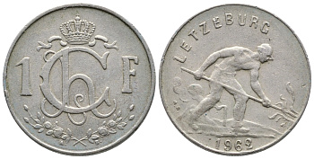 Люксембург 1 франк 1962 сталевар KM 46.2 медно-никель 259-427