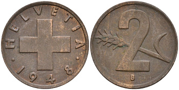 Швейцария 2 раппена 1948 В KM 47 бронза 4591-217
