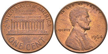США 1 ЦЕНТ 1964 D, ЛИНКОЛЬН KM 201 медь цинк 187-1148