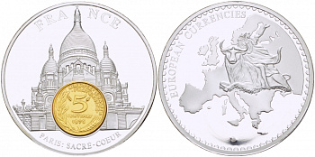 ФРАНЦИЯ МЕДАЛЬ С МОНЕТОЙ ЕВРОПЕЙСКИЕ ВАЛЮТЫ, АРХИТЕКТУРА PROOF 01-240-35