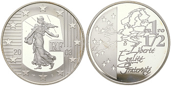 Франция 1 1/2 евро 2003 сеятель, евросоюз, в оригинальной коробке KM 2003 серебро  PROOF  3-4-6-03