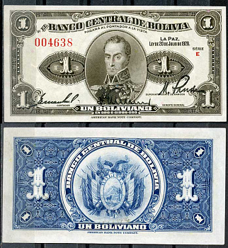 Боливия 1 боливиано 1928 серия E, Симон Боливар Pick 119 a (2)  бумага  aUNC 8614-73-2-2