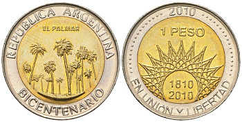 Аргентина 1 песо 2010 200 лет Аргентине - парк Эль-Палмар KM 156 биметалл UNC 4620-642