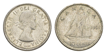 Канада 10 центов 1964 Елизавета II (1952-2022), парусник KM 51 серебро 4649-1059