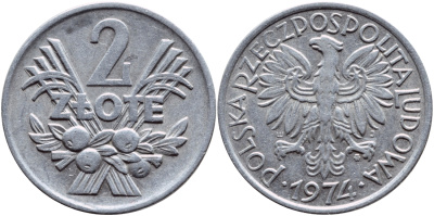 ПОЛЬША 2 ЗЛОТЫХ 1974 MW KM 46 алюминий 4390-517