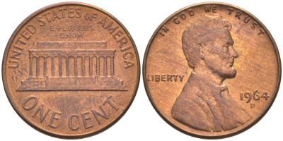 США 1 ЦЕНТ 1964 D, ЛИНКОЛЬН KM 201 медь цинк 187-1148