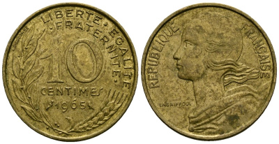 Франция 10 сантимов 1965 тип Marianne KM 929 алюминиевая бронза 4136-411