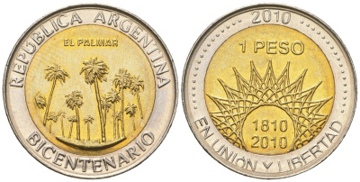 Аргентина 1 песо 2010 200 лет Аргентине - парк Эль-Палмар KM 156 биметалл UNC 4620-642