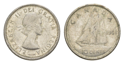 Канада 10 центов 1964 Елизавета II (1952-2022), парусник KM 51 серебро 4649-1059