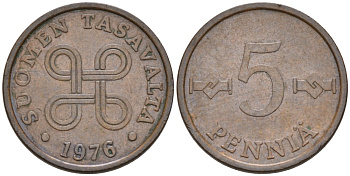 ФИНЛЯНДИЯ 5 ПЕННИ 1976 KM 45 медь 4549-1253
