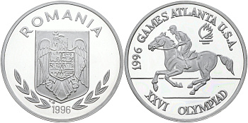Румыния 100 леев 1996 XXVI Олимпийские игры 1996 года в Атланте, 100 лет Олимпийскому движению, скачки, пробный выпуск KM PnE 315.1A алюминий  PROOF  06-159-44