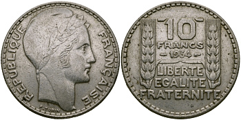Франция 10 франков 1934 Пьер Тюрен KM 878, Le Franc 360.7 серебро 65-321