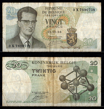 Бельгия 20 франков 1964 Pick 138 (3) бумага 7221-49-3-2
