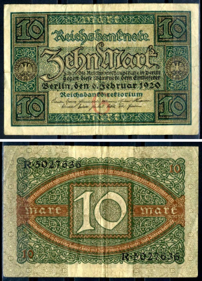 Германия 10 марок 1920 буква G, серия R, номер семизначный Pick 67a, Rosenberg 63а бумага 8617-32-2-1