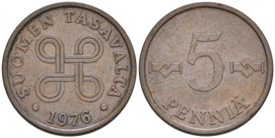 ФИНЛЯНДИЯ 5 ПЕННИ 1976 KM 45 медь 4549-1253