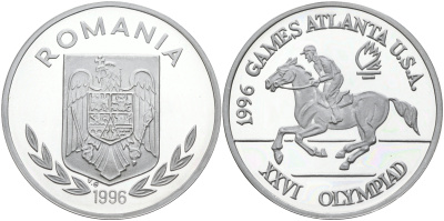 Румыния 100 леев 1996 XXVI Олимпийские игры 1996 года в Атланте, 100 лет Олимпийскому движению, скачки, пробный выпуск KM PnE 315.1A алюминий  PROOF  06-159-44