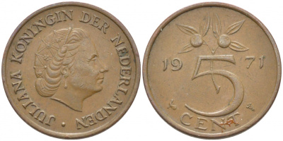 НИДЕРЛАНДЫ 5 ЦЕНТОВ 1971 ЮЛИАНА KM 181 бронза 3856-457