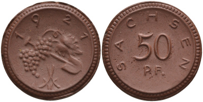 Саксония 50 пфеннигов 1921 виноград и лопата J. N 54 фарфор 1094-5-85