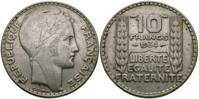 Франция 10 франков 1934 Пьер Тюрен KM 878, Le Franc 360.7 серебро 65-321