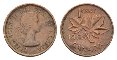 Канада 1 цент 1963 Елизавета II (1952-2022), кленовый лист KM 49 бронза 4181-1165