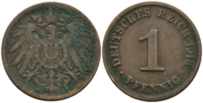 Германия 1 пфенниг 1916 Вильгельм II (1888-1918) KM 10, J. 10 медь 4608-256