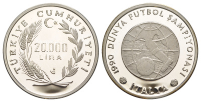 Турция 20000 лир 1990 Чемпионат мира по футболу 1990, Глобус KM 992 серебро PROOF 1083-1-12