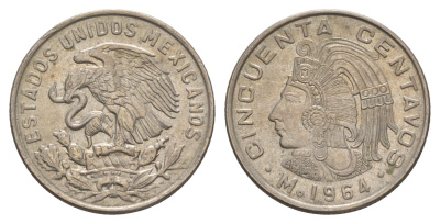 Мексика 50 сентаво 1964 Куаутемок, последний правитель империи ацтеков KM 451 медно-никель 4656-1155