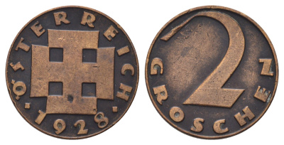 Австрия 2 гроша 1928 KM 2837 бронза 4684-826