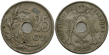 Бельгия 25 сантимов 1922 Belgique KM 68 медно-никель 4165-435