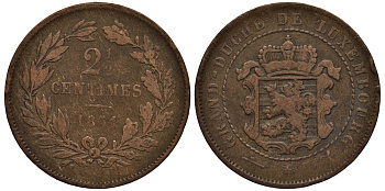 ЛЮКСЕМБУРГ 2 1/2 САНТИМА 1854 u, ГЕРЦОГ ВИЛЛЕМ III НИДЕРЛАНДСКИЙ (1849-1890), МОНДВОР УТРЕХТ КМ 21 бронза 4538-745