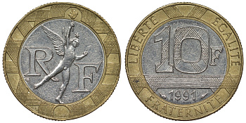 Франция 10 франков 1991 тип гений Бастилии KM 964.1, Le Frank 375.6 биметалл 4128-522