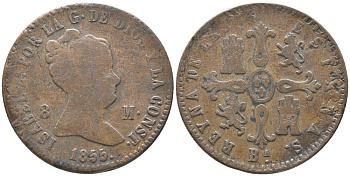 ИСПАНИЯ 8 МАРАВЕДИ 1855 В, ВA, КОРОЛЕВА ИЗАБЕЛЛА II (1833-1868) KM 531.1 (С170.1) медь 35-315