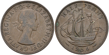 Великобритания 1/2 пенни 1956 Елизавета II (1952-2022) KM 896, Spink 4158 бронза 4589-927