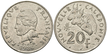 Французская Новая Каледония 20 франков 1986 три быка, (IEOM) KM 12, Schoen 14, Lec 112 никель 72-144