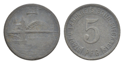 Бонн и Зигкрайс 5 пфеннигов 1919 Funck 52.5, Men05 3225.1, Men18 4140.1 цинк 4643-864