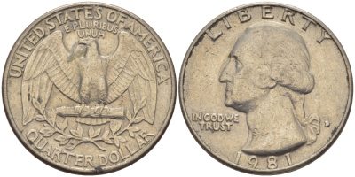 США 25 центов (квотер) 1981 D, Джордж Вашингтон KM 164a медь плакированная медно-никелем 31-741