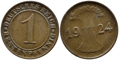 Германия 1 рентенпфенниг 1924 D KM 30, J. 306 бронза 4387-1119