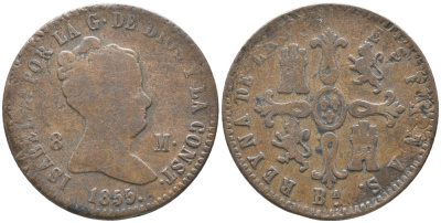ИСПАНИЯ 8 МАРАВЕДИ 1855 В, ВA, КОРОЛЕВА ИЗАБЕЛЛА II (1833-1868) KM 531.1 (С170.1) медь 35-315