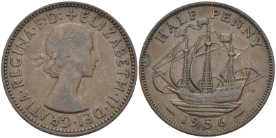 Великобритания 1/2 пенни 1956 Елизавета II (1952-2022) KM 896, Spink 4158 бронза 4589-927
