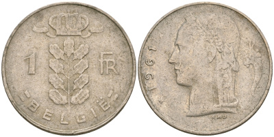Бельгия 1 франк 1961 BELGIE KM 143.1 медно-никель 25-1257