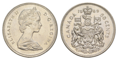 Канада 50 центов 1969 Елизавета II (1952-2022), герб KM 75.1 никель aUNC 4631-743