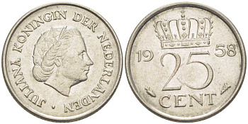 НИДЕРЛАНДЫ 25 ЦЕНТОВ 1958 ЮЛИАНА KM 183 никель 66-834