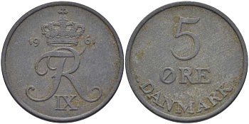 ДАНИЯ 5 ЭРЕ 1961 C; S, ФРЕДЕРИК IX (1947-1972) KM 843.2 цинк 38-421