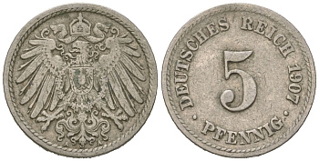 Германия 5 пфеннигов 1907 A, Вильгельм II (1888-1918) KM 11, J. 12 медно-никель 4615-734